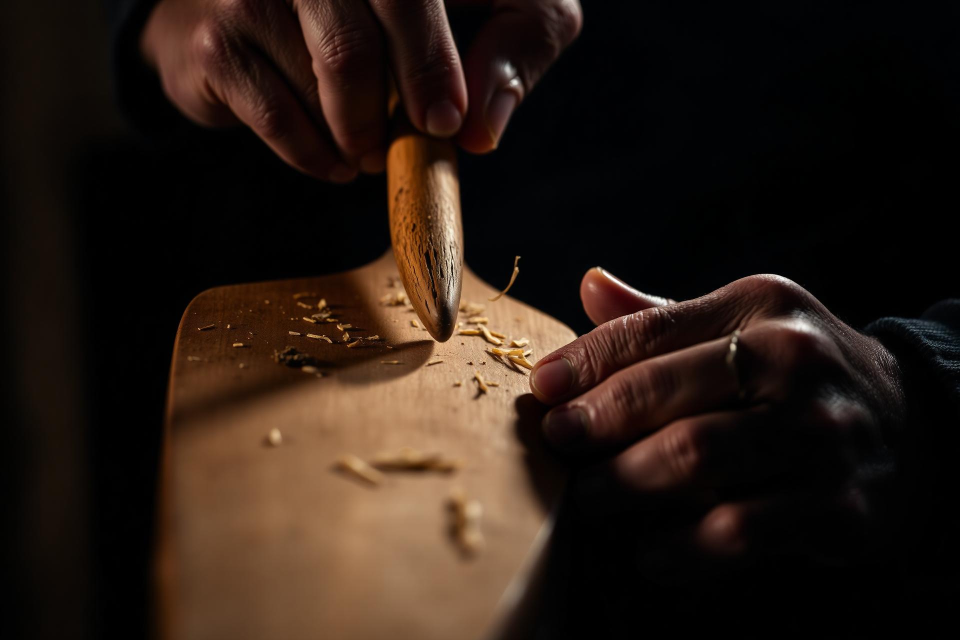 Hands carving a cedar paddle